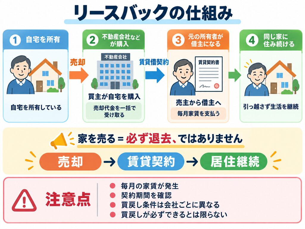 リースバックの仕組みを、家の売却から賃貸借契約、売却後の居住継続まで4段階で示したフロー図。売却代金の受け取り、家賃の発生、契約期間や買戻し条件などの注意点も解説。