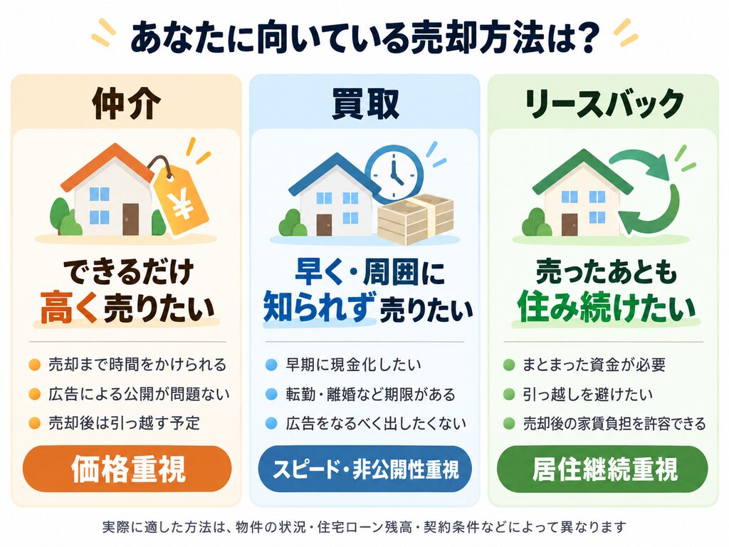 不動産売却の「仲介・買取・リースバック」を、価格・スピード・居住継続の優先度別に比較した図解。高く売りたい、早く売りたい、売却後も住み続けたい人に向く売却方法の違いを紹介。