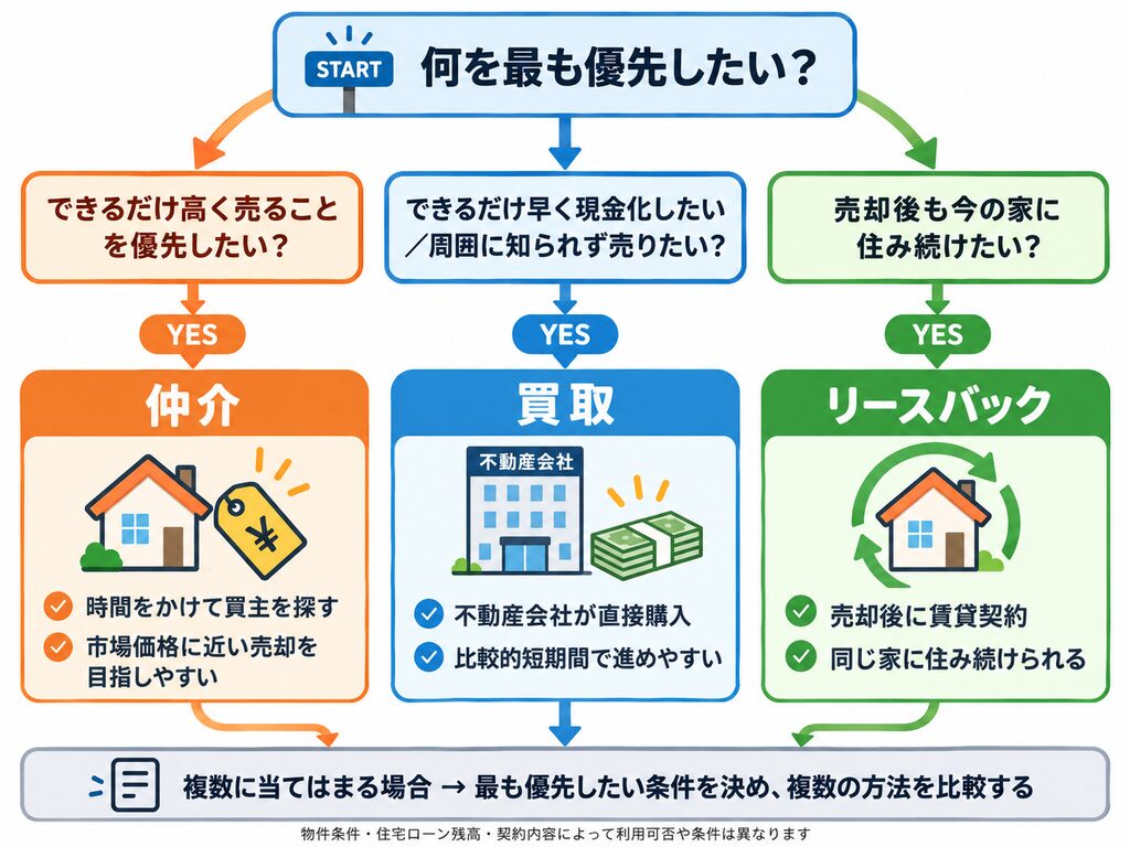 不動産売却で何を優先するかに応じて、仲介・買取・リースバックの候補が分かる簡易診断フローチャート。高値売却、早期現金化・非公開性、売却後の居住継続という条件から売却方法を比較できる図解。
