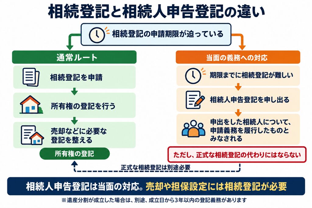 所有権の登記を行う相続登記と、申出人の当面の申請義務に対応する相続人申告登記を比較。相続人申告登記は正式な相続登記の代わりにはならず、不動産の売却や担保設定には別途相続登記が必要
