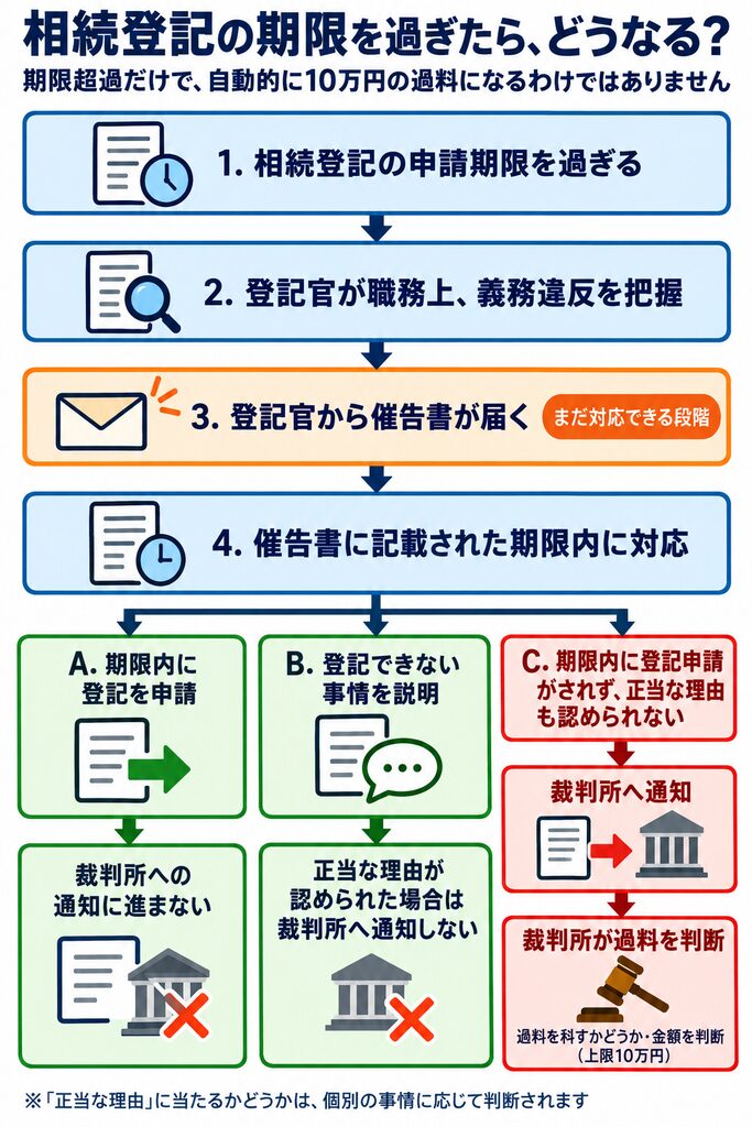 相続登記の申請期限を過ぎた後、登記官による催告から対応状況の確認、裁判所への通知までの流れを解説。期限内の申請や正当な理由の有無によって分岐し、通知を受けた裁判所が過料の要否と金額を判断する。
