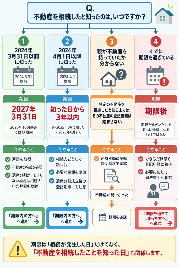 相続を知った時期別に登記期限と必要な対応を4つの分岐で確認できる診断フロー図