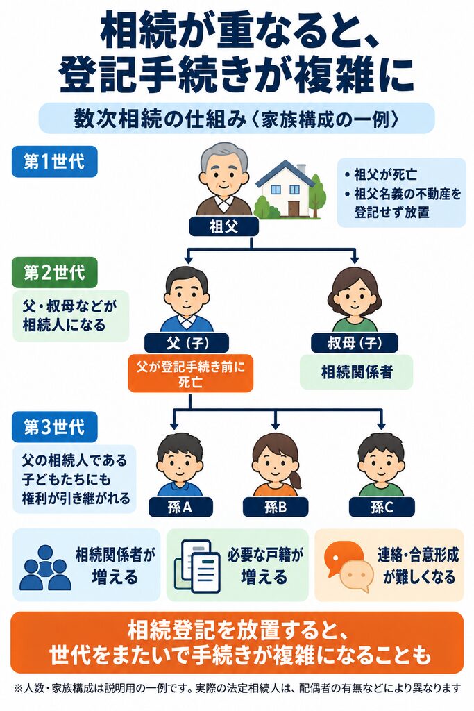 相続登記をしない間に次の相続が発生し、祖父から父・叔母、父から孫へ権利が引き継がれる数次相続の家系図。世代をまたいで相続関係者や必要な戸籍が増え、連絡や遺産分割の合意形成が複雑になる仕組みを示す。