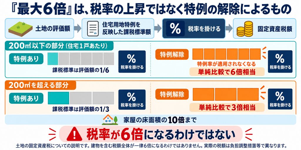 空き家の土地の固定資産税が最大6倍相当となる理由を、住宅用地特例の1/6・1/3と解除後の課税標準の比較で示す図。