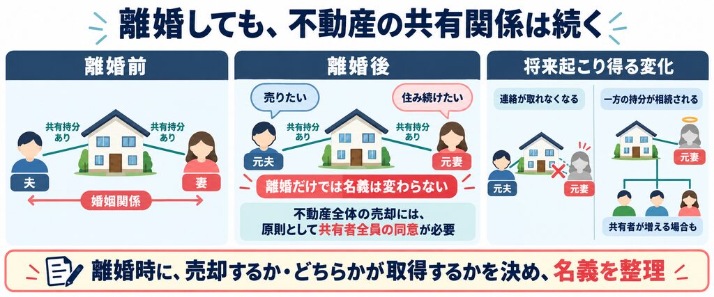 離婚しても不動産の共有持分は残り、全体売却には原則として共有者全員の同意が必要なことと、連絡不通・相続による関係変化を示す図。