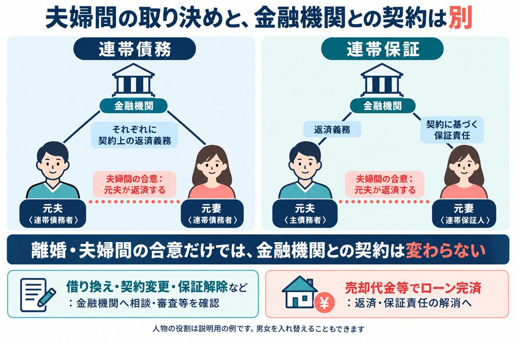 連帯債務と連帯保証を比較し、離婚や夫婦間の合意だけでは金融機関との返済義務・保証責任が変わらないことを示す図。