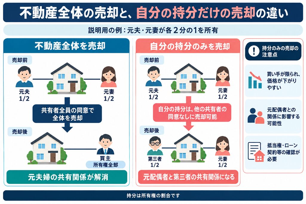 不動産全体の売却で共有関係が解消する場合と、自分の持分だけの売却で元配偶者と第三者の共有になる場合を比較した図。