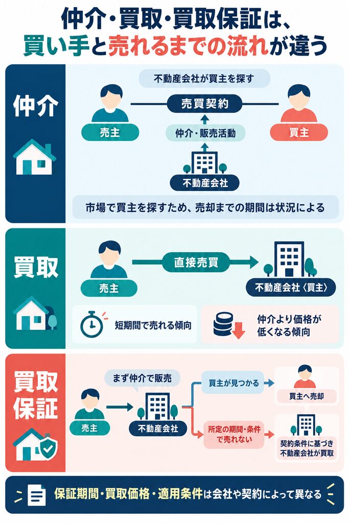 不動産売却の仲介・買取・買取保証を、買い手と取引の流れで比較した図。買取保証は仲介で売れない場合に契約条件に基づき会社が買い取る仕組み。